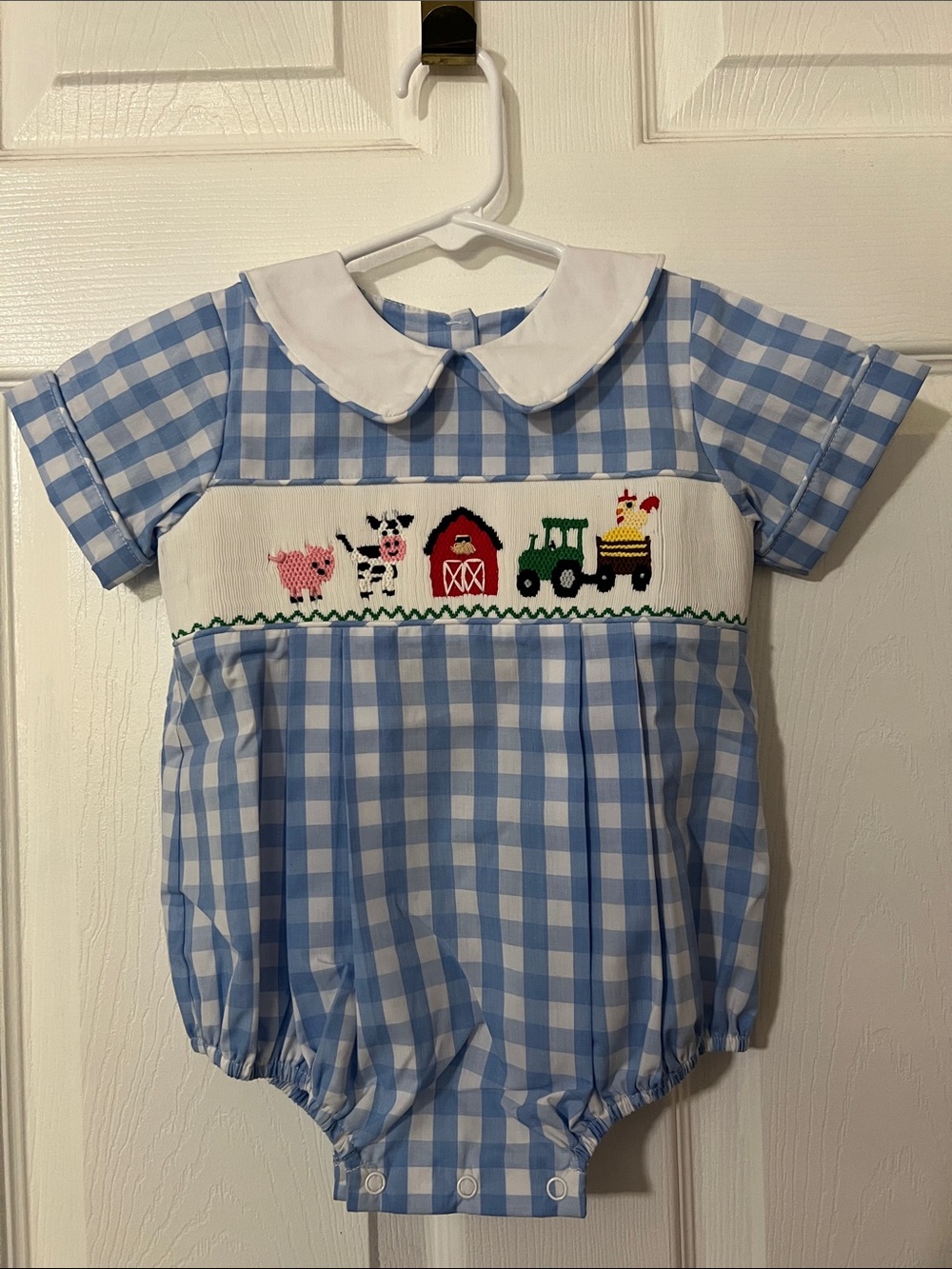 NWOT Stitchy Fish Blue Gingham Baby Romper with Farm Motif